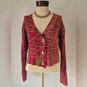 LOVE & LIBERTY Pink/ Multicolor Cableknit Buttoned V Neck Cardigan. Size Medium